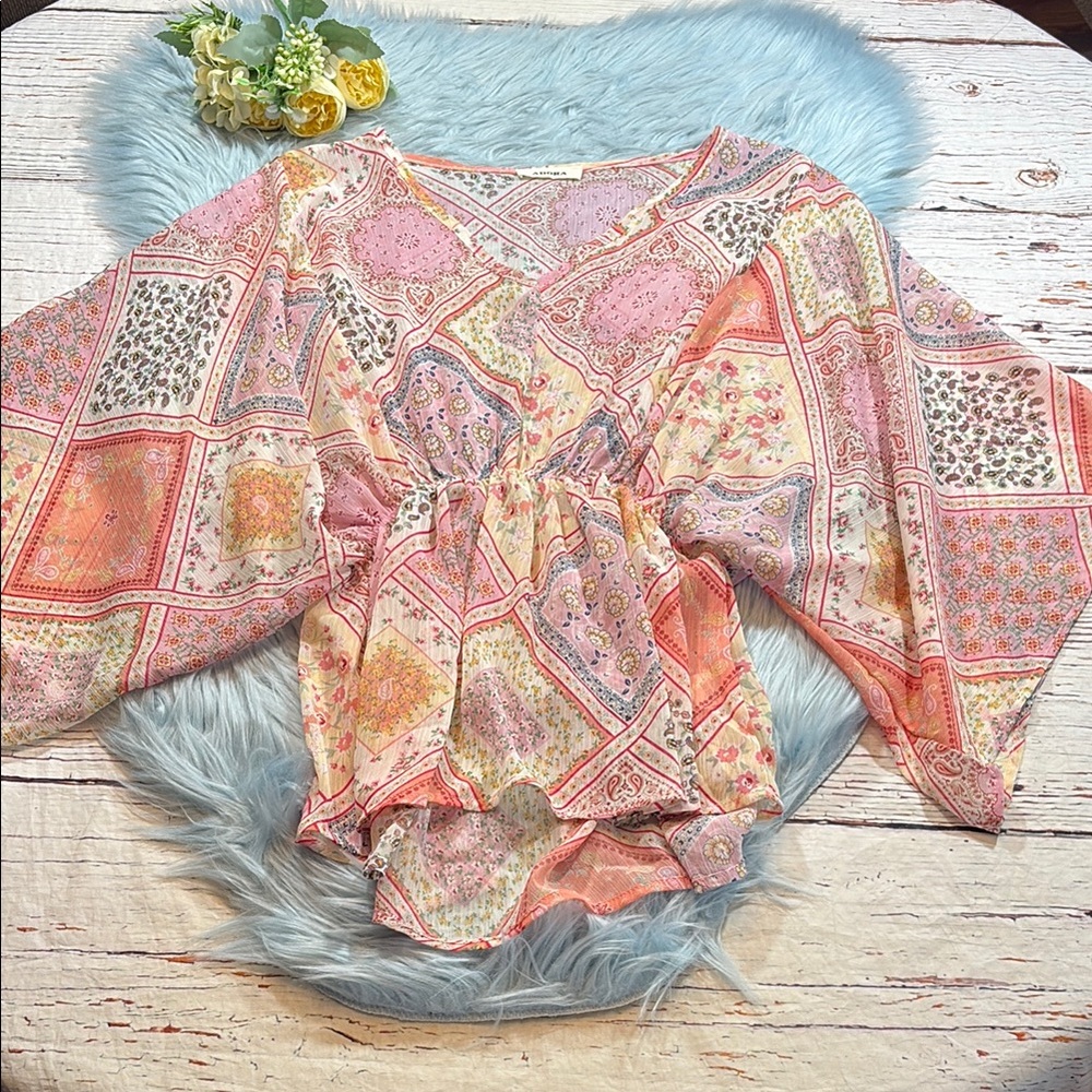 ADORA Sheer Patchwork Batwing Blouse sz S